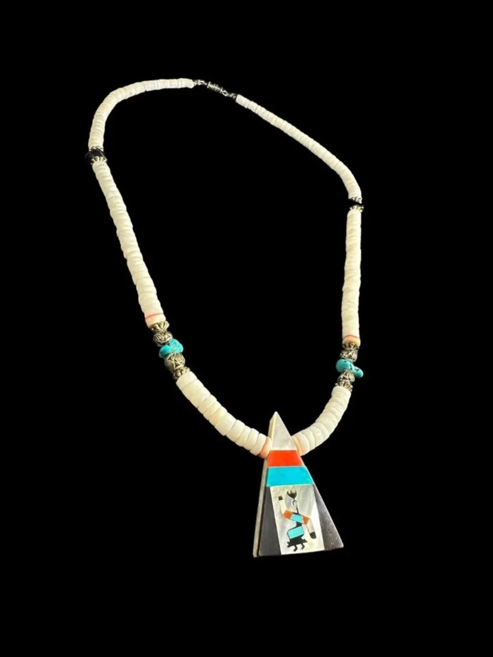 Necklace Turquoise Coral Mother Of Pearl Navajo Inlay Pendant White Shell Ethnic